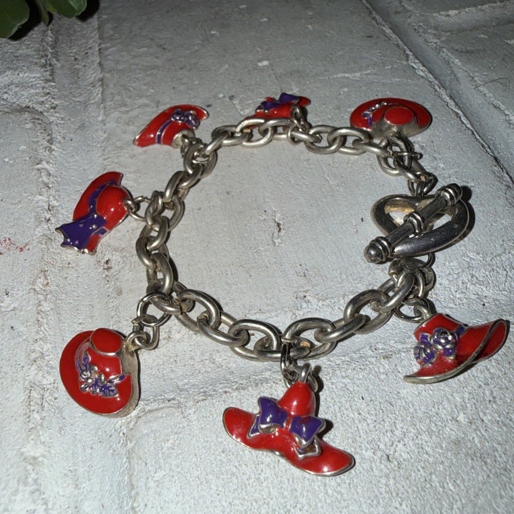 Vintage Red Hat Society Charm Bracelet Hat Charms Chain‎ Bracelet Heart Clasp